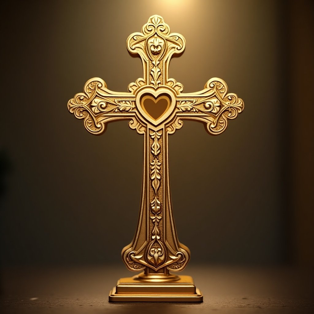 Gold cross with heart in the middle. The design features intricate detailing and stands prominently against a soft background. Use of warm lighting adds an elegant touch.