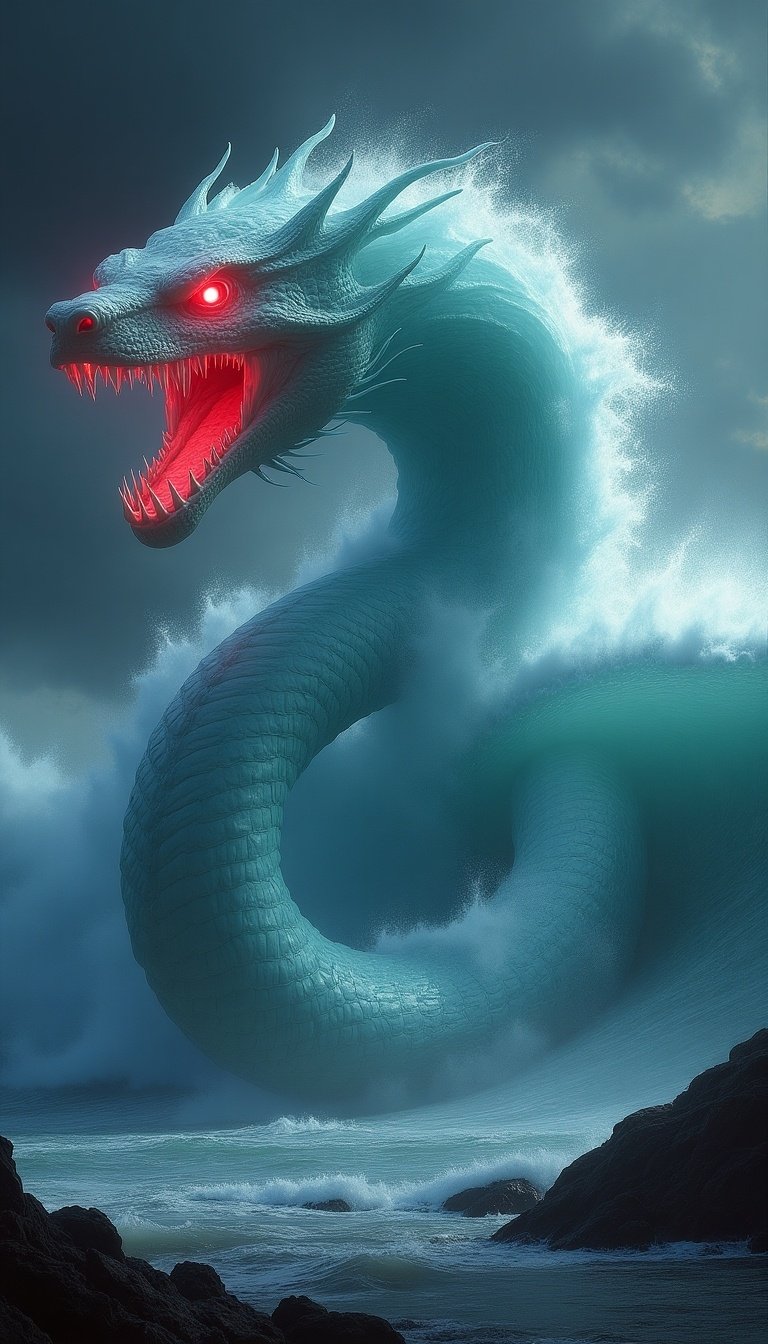 Create a realistic scene of a massive tsunami wave crashing toward the coastline. Integrate a gigantic serpent-like creature into the wave. Its body is sleek and translucent, shimmering and glowing. Its eyes are deep red, showing intense fury, with sharp teeth revealed in a snarl. The creature flows with the wave. The sky is dark with ash and smoke. This creates an apocalyptic glow.