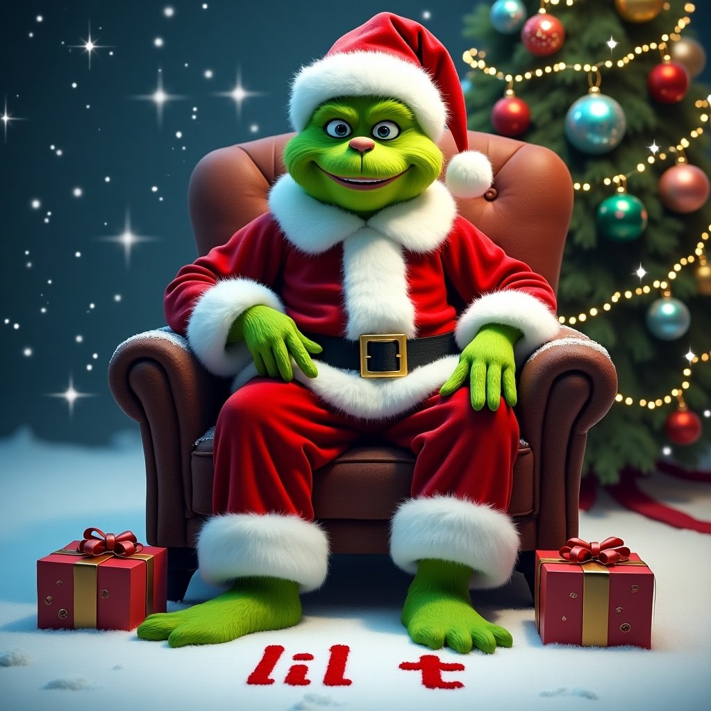 Grinch in Santa suit sits in a chair with gifts. Snow on the ground with lil t written. Colorful Christmas tree and ornaments in the background. Warm holiday feel with sparkly sky.