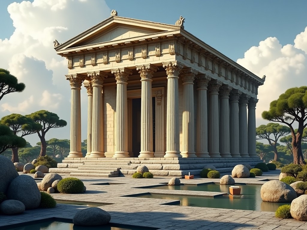 A majestic ancient Greek temple surrounded by a serene landscape, featuring classical columns and stone steps, under a clear blue sky with soft natural sunlight and fluffy clouds.