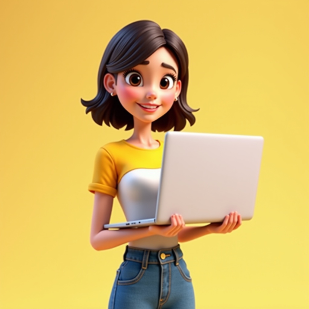 Cartoon character with a laptop. Young woman in her 30s. Short hair and micro side. Smiling. Yellow short sleeves and white bottom. Jeans. Pixar style and realistic style. 3D.