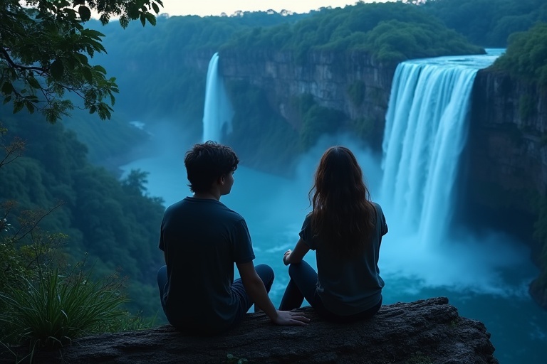 Teenage couple sitting on a log overlooking a waterfall. High cliff view. Nighttime with soft ambient light. Wide shot of fantasy landscape.