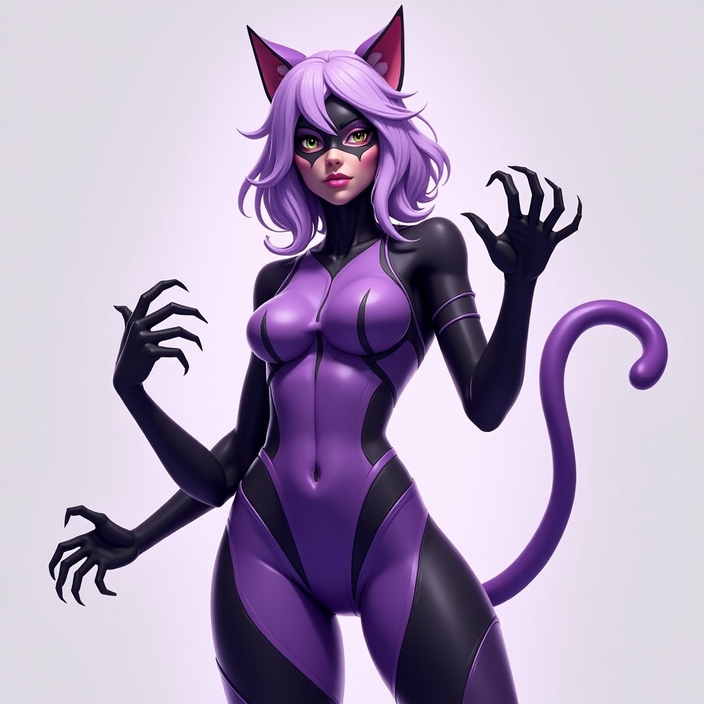 Character inspired by Fortnite. Light Purple hair. Tall humanoid with cat characteristics. Stylish futuristic outfit in purple and black. Exudes confidence. Claws visible in T pose.