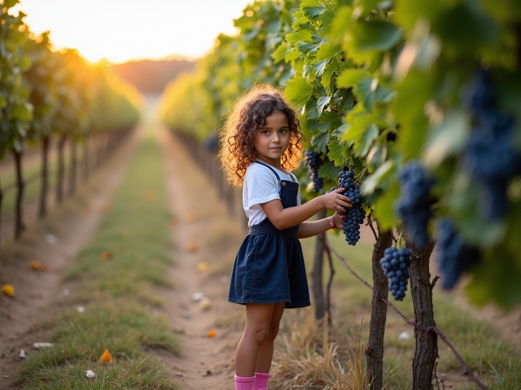 A girl inspects blue grapes in a vineyard. She wears a short white top and dark blue skirt with pink socks. Curly brown hair frames her face. Late summer sunlight creates a warm atmosphere. Rural image capturing a beautiful moment.