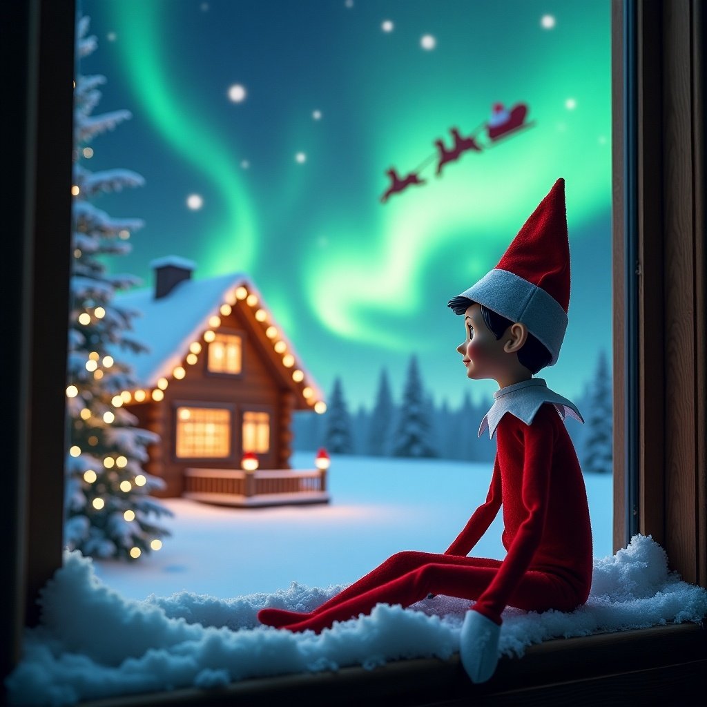 An elf on the shelf sits on a snowy window ledge, gazing up at the night sky. The background features colorful northern lights swirling above a cozy cabin decorated for the holiday season. Snow blankets the ground, enhancing the winter charm. In the distance, Santa and his sleigh can be spotted flying across the sky, completing the magical holiday scene. The elf embodies the spirit of Christmas, bringing joy and wonder to the viewer. The background features mesmerizing northern lights illuminating the night.