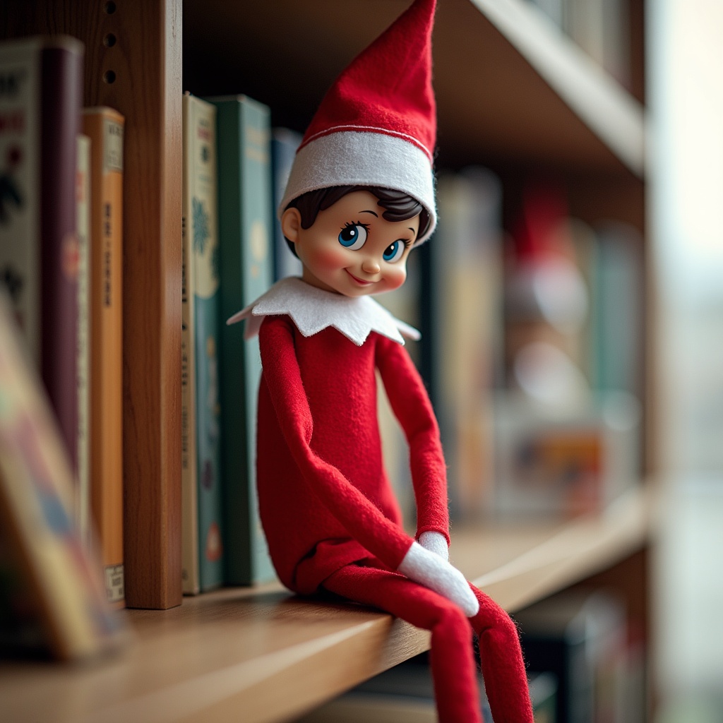 The image features a cheerful elf doll dressed in a red and white outfit, sitting on a shelf filled with books. The elf has a friendly expression, with big expressive eyes and a playful pose. It's surrounded by various children's books, hinting at a cozy, festive atmosphere. Soft natural light illuminates the scene, making the colors vibrant. This scene captures the essence of holiday magic and the beloved Elf on the Shelf tradition perfectly.