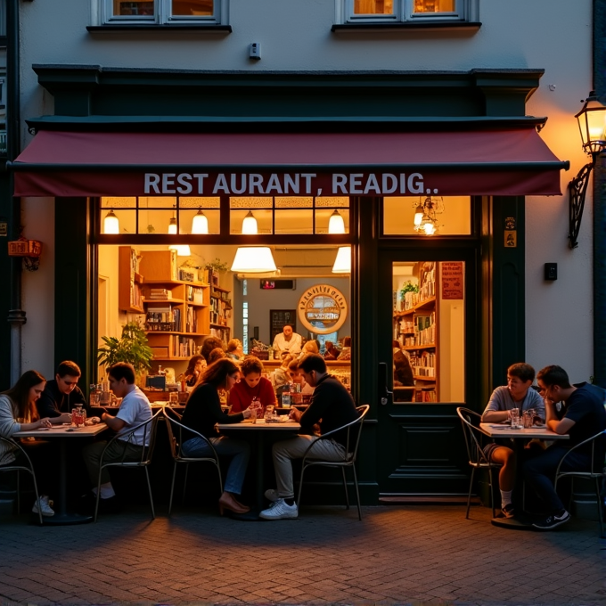 The image depicts a warm, inviting bistro at dusk with people seated at outdoor tables, engaging in conversation and enjoying their meals under soft ambient lighting.