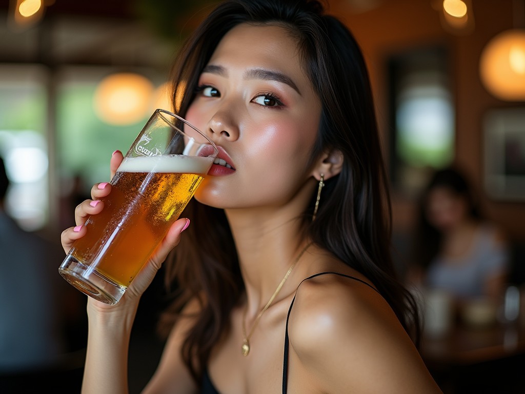 In this image, a person enjoys a glass of beer in a cozy, warmly lit setting. The subject is dressed in elegant attire, with subtle makeup that highlights their features. The blurred background suggests a lively yet intimate social environment, enhancing the focus on the drink and the moment of indulgence.