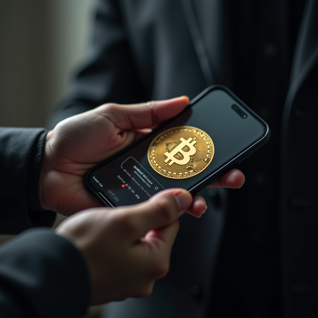 A person holds a smartphone displaying a large, digital Bitcoin symbol.