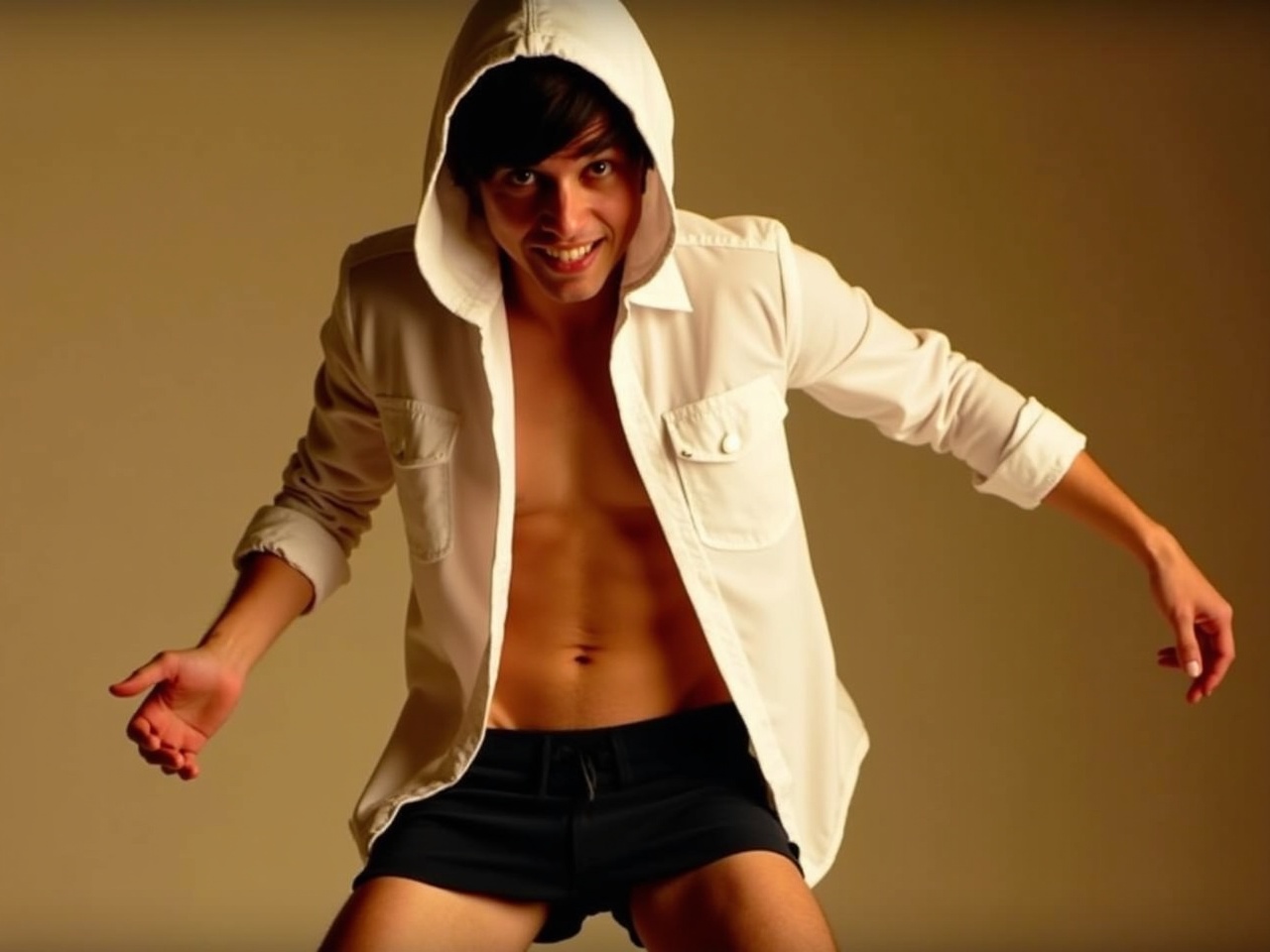 This image features a person in a dynamic pose, wearing a white shirt with a hood and dark shorts. The shirt is slightly open at the front, suggesting a sense of casual style. The lighting is warm, casting a soft glow on the subject, and their face is partially obscured by the hood and shadows, adding an air of mystery. The subject's pose is engaging, as if they are about to leap into action. Overall, the scene captures a blend of casual fashion and artistic expression.