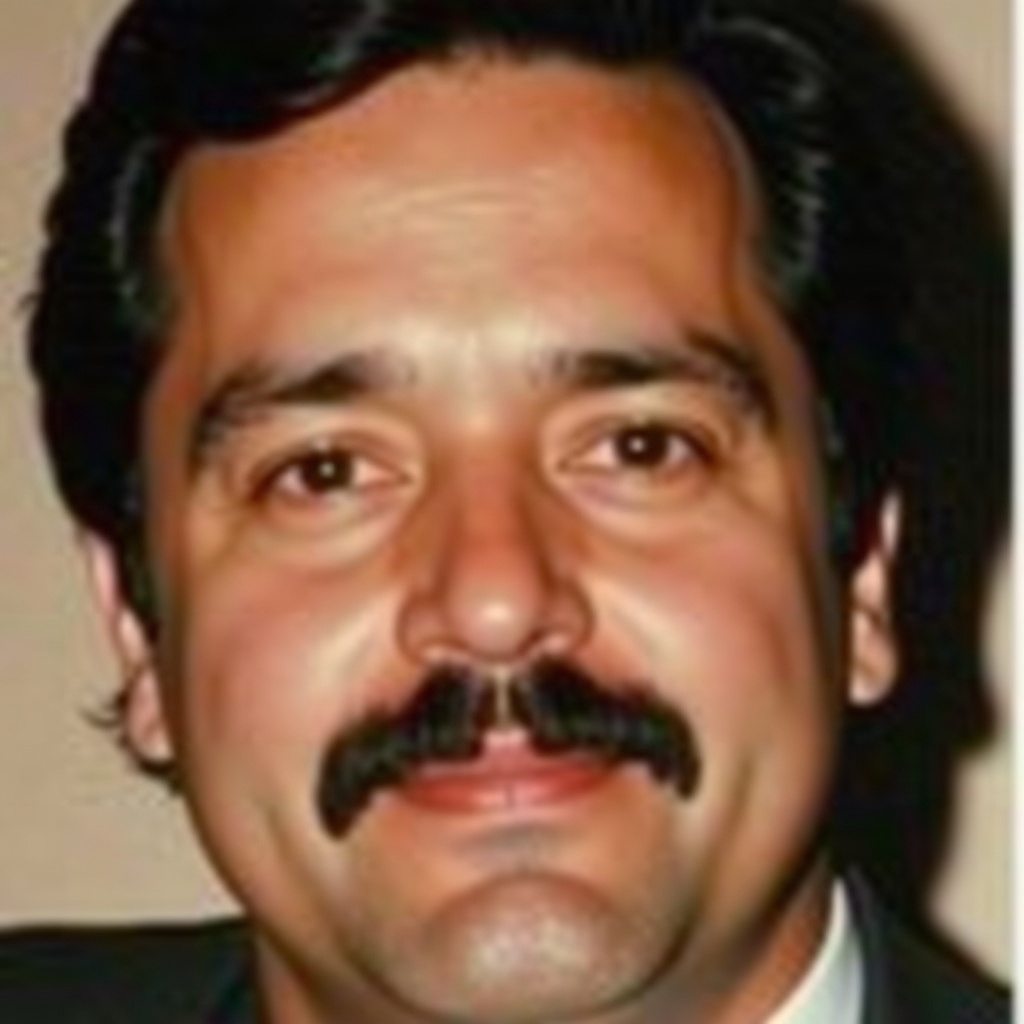 Close-up of a man's face. Thick mustache and dark hair. Neutral expression looking at camera. Background not visible. Soft shadows on face. Warm tones. Slight vintage quality.