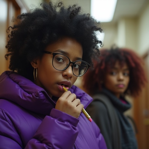 Cinematic image of curly black-haired woman in purple jacket biting pencil. She glances with intensity. Friends in the background. College hallway environment. Warm ambiance and casual atmosphere.