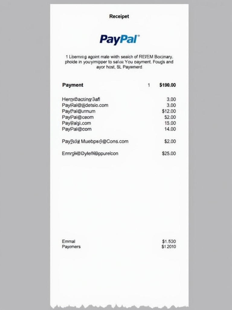 Receipt shows payment details. Prominently features PayPal branding. Lists email addresses alongside transaction amounts. Includes total amount paid and payer details.