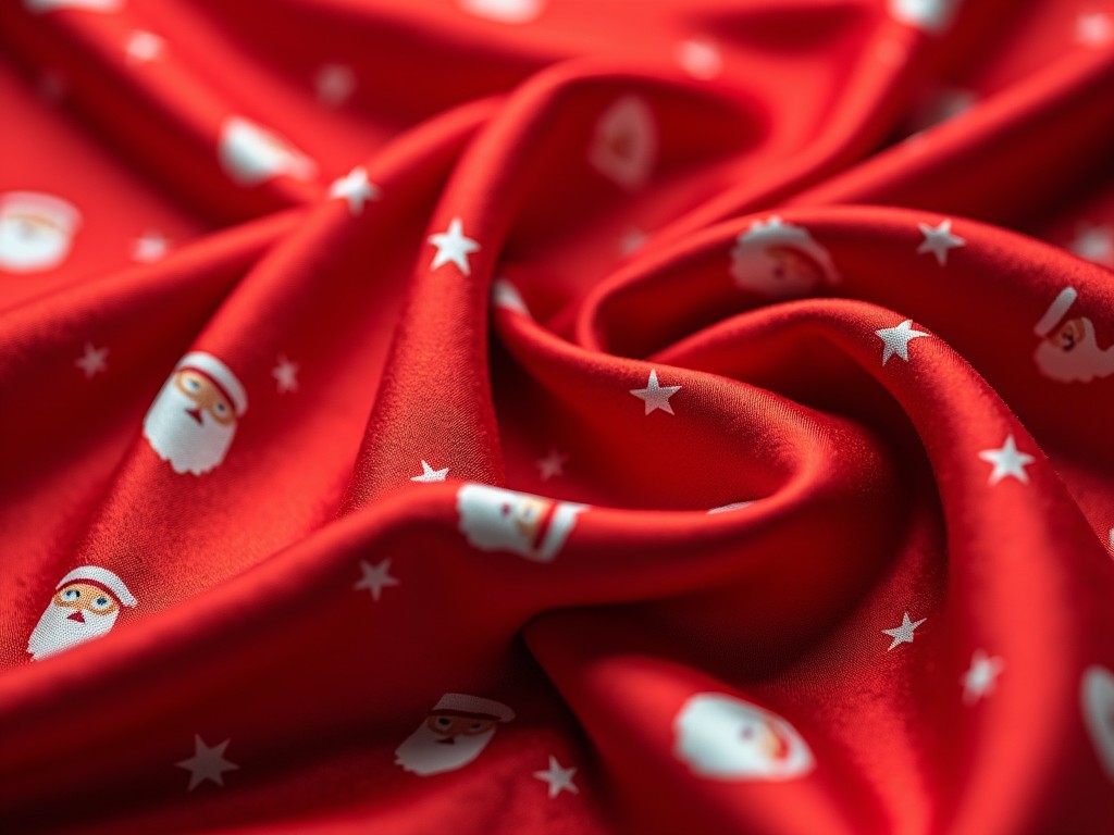 This image showcases a beautiful satin fabric designed with festive Christmas graphics. The main color is a vibrant red, decorated with cheerful icons of Santa Claus and small stars. The silky texture creates a luxurious feel, perfect for holiday-themed garments or decorations. The folds of the fabric add depth and interest, emphasizing the playful nature of the design. Ideal for social media pages focusing on Christmas products or fabric collections.