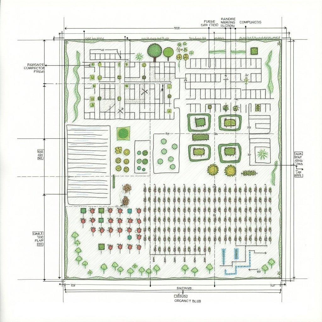 Comprehensive integrated organic farming model featuring dairy unit with cows and composting area, duckery and fisheries with pond, diverse horticultural plants and trees, crop production divided into plots with intercropping, clear pathways for movement.