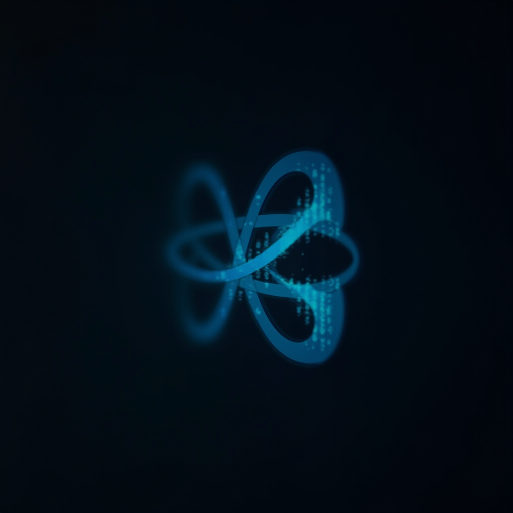 A glowing blue infinity symbol composed of digital particles on a dark background.