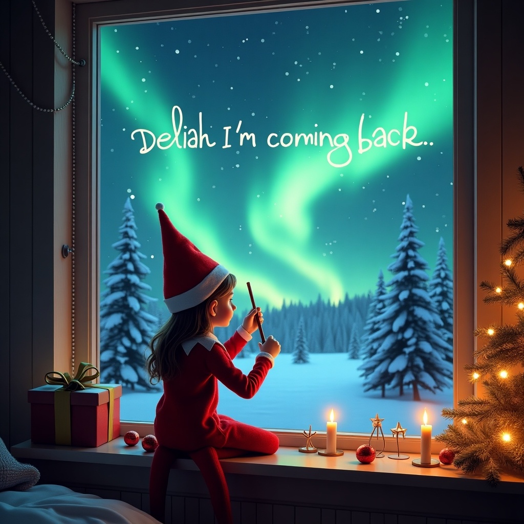 The image features a girl elf on the shelf with her back to the viewer, gazing out a window into a magical Christmas night. She is using a wand to write 'Delilah I’m coming back' in the sky. The background displays beautiful Northern Lights illuminating the scene. Snow-covered trees can be seen outside, creating a winter wonderland. The room is cozy and decorated for Christmas, enhancing the festive atmosphere.