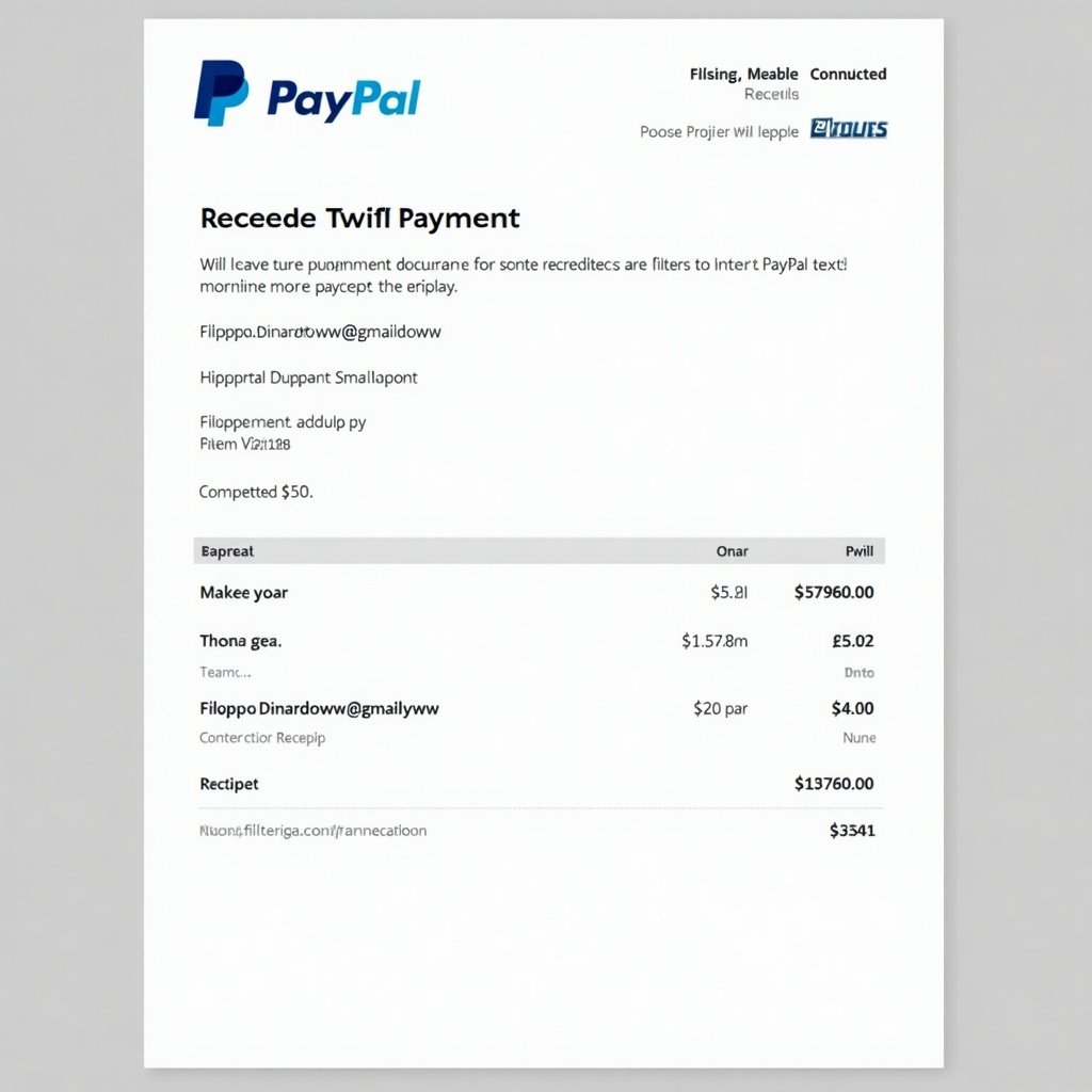 Image shows a PayPal payment proof document. Payment directed to email filippo.dinardoww@gmail.com. Receipt has the recognizable PayPal design. Layout emphasizes clarity with bold text and simplified background. Transaction completed for $50.