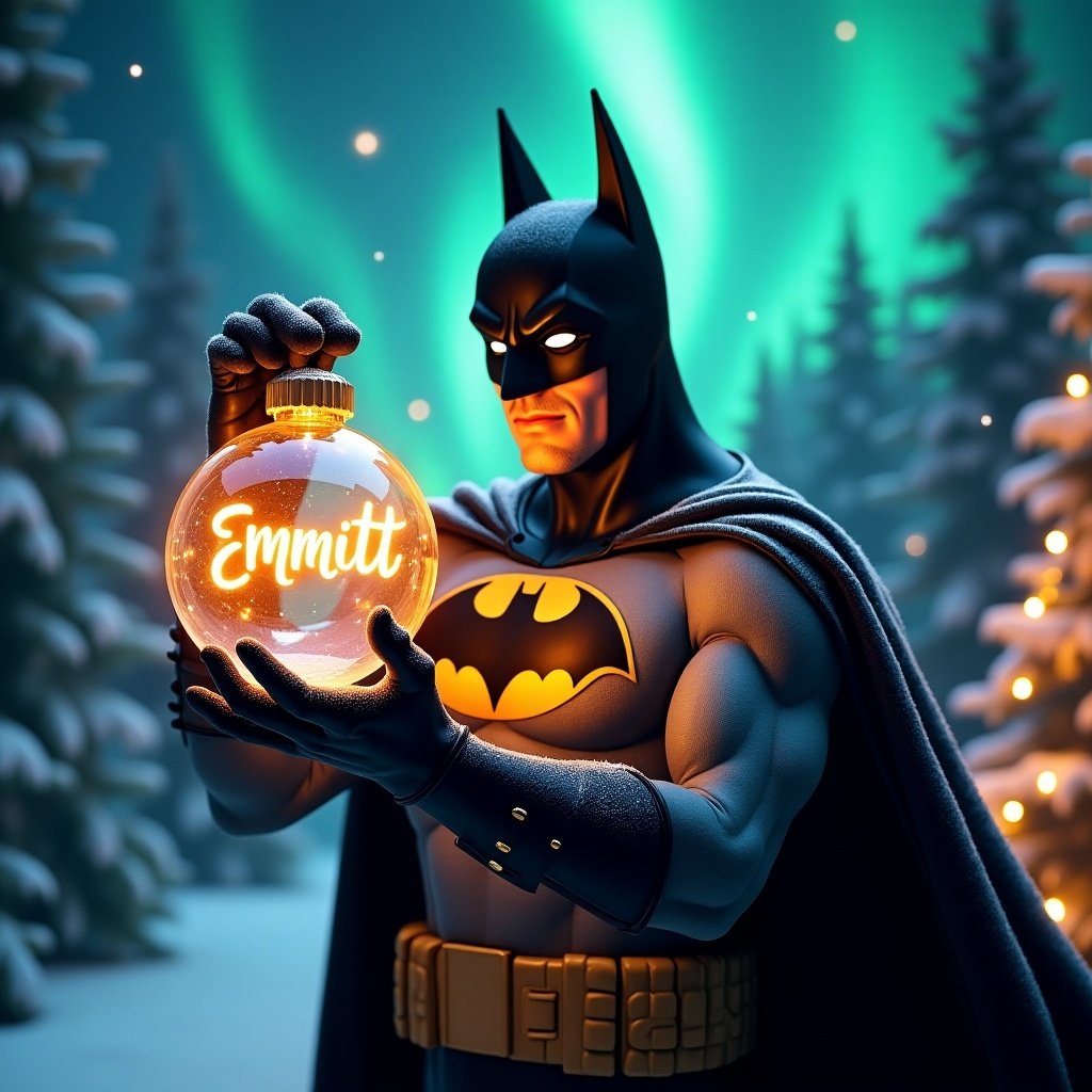 An enchanting Christmas scene features Batman who holds a magical ornament. The ornament glows with the name Emmitt in bright script. The background showcases vibrant northern lights creating a magical ambiance. Elements like snow and decorated trees enhance the holiday feel. It blends superhero charm and holiday cheer.