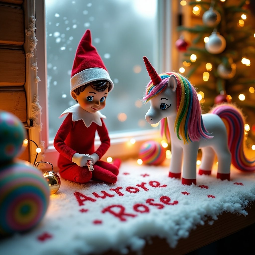 This enchanting girly Christmas scene showcases an elf on the shelf, engaging in some festive magic. The elf, clad in a vibrant red and white outfit, is seated by the window, meticulously writing 'Aurora Rose' in the snow with a shimmering magic wand. Nearby, a colorful rainbow unicorn adds a magical touch, surrounded by vibrant candy decorations. The scene captures the joyful spirit of Christmas, filled with whimsy and charm, as sparkling lights glimmer in the background, enhancing the cozy atmosphere.