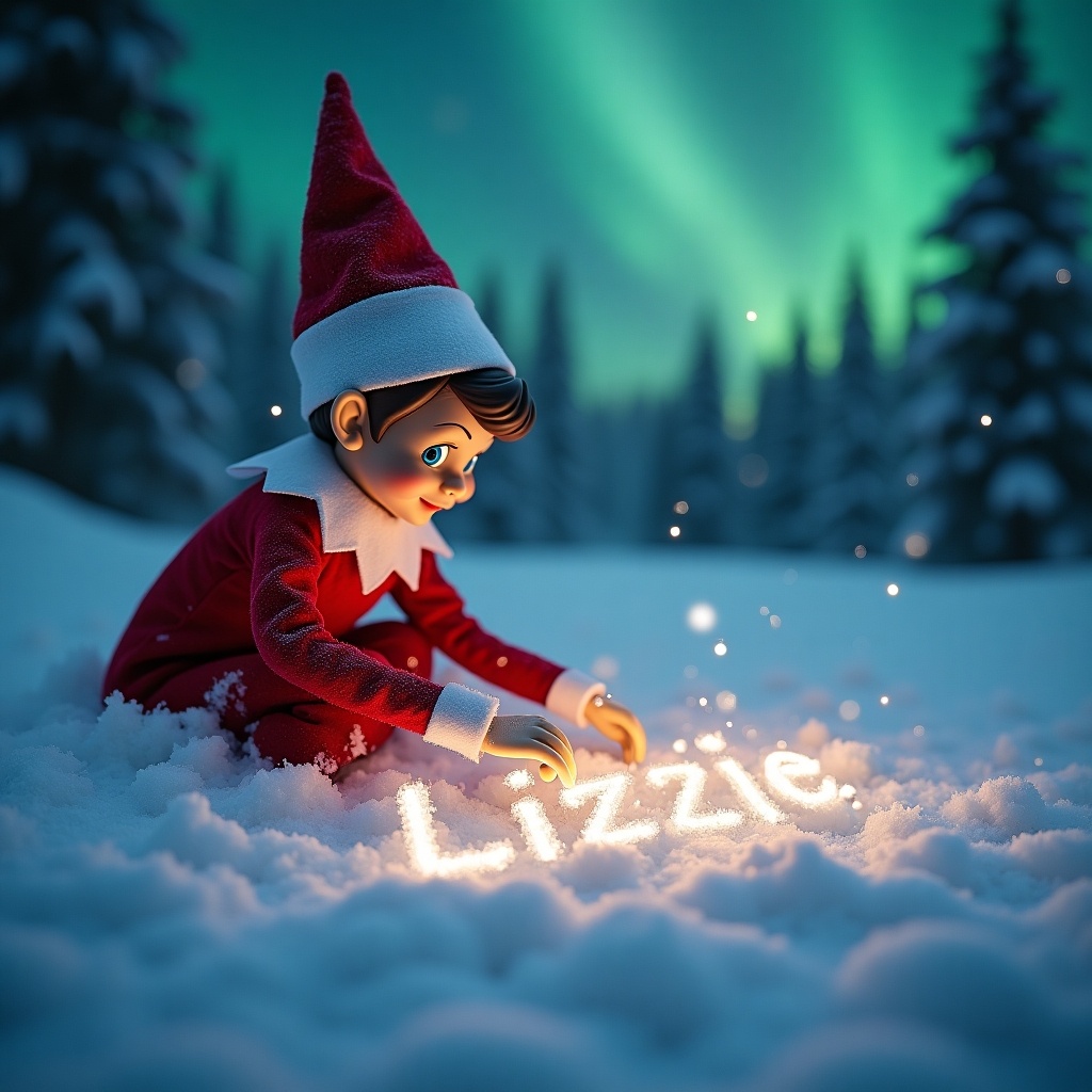 A whimsical scene features an elf on the shelf writing the name 'Lizzie' in the snow. The elf is in a red and white outfit focused on creating the name with a magical glow. The snowy backdrop enhances the winter theme with northern lights illuminating the scene. The name is artistically rendered in cursive celebrating Christmas and the imaginative joy of children during the holiday season.