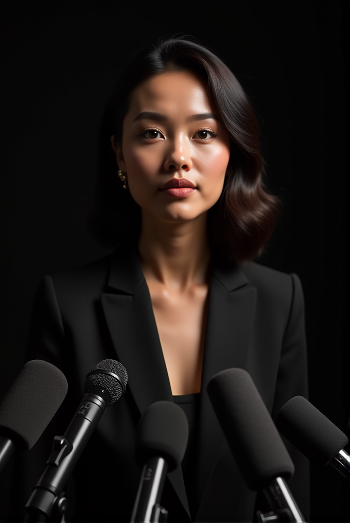 A woman in a black suit stands in front of microphones, set against a dark background.