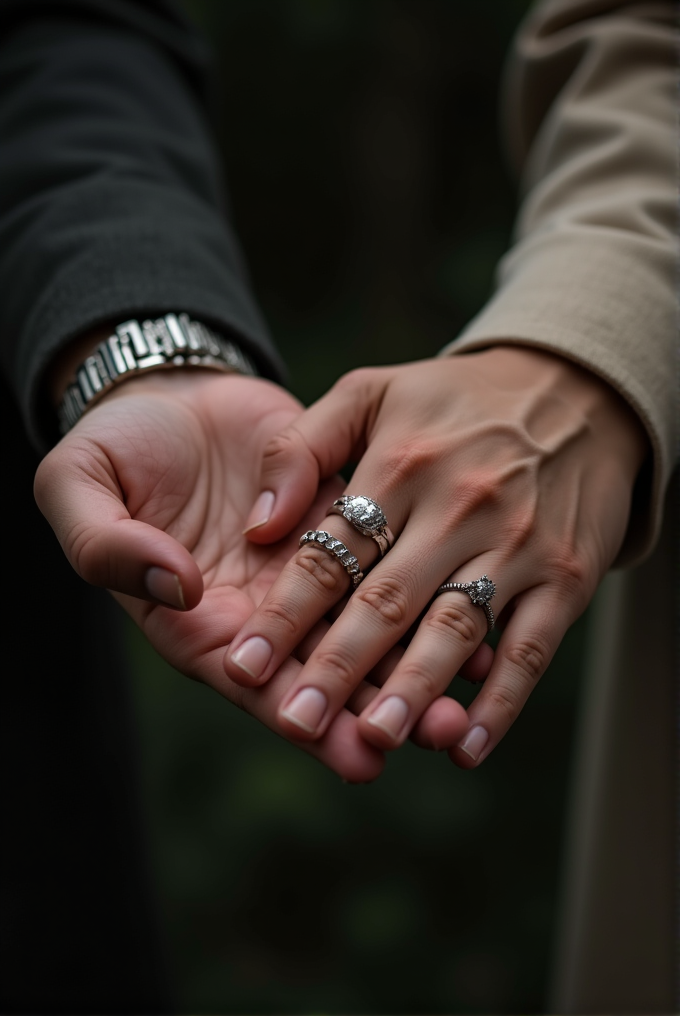 Two hands are intertwined, one adorned with multiple sparkling rings, set against a blurred, natural background.