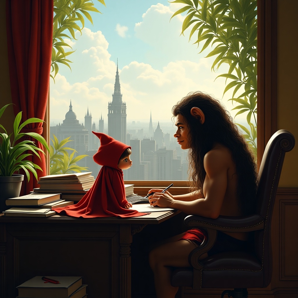 In a whimsical office setting, a character inspired by Tarzan is seated at a desk, facing a young girl dressed in a red cape, representing Little Red Riding Hood. They share a moment of creativity and collaboration amidst a backdrop of a sprawling city skyline. The office is filled with books and houseplants that add to the cozy atmosphere. Sunlight streams through an expansive window, casting a warm glow on the characters and their surroundings. This imaginative scene blends elements of fantasy and adventure, showcasing two beloved characters in a unique setting.