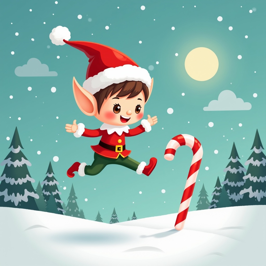 Charming snowy landscape with vibrant elf jumping above a candy cane.