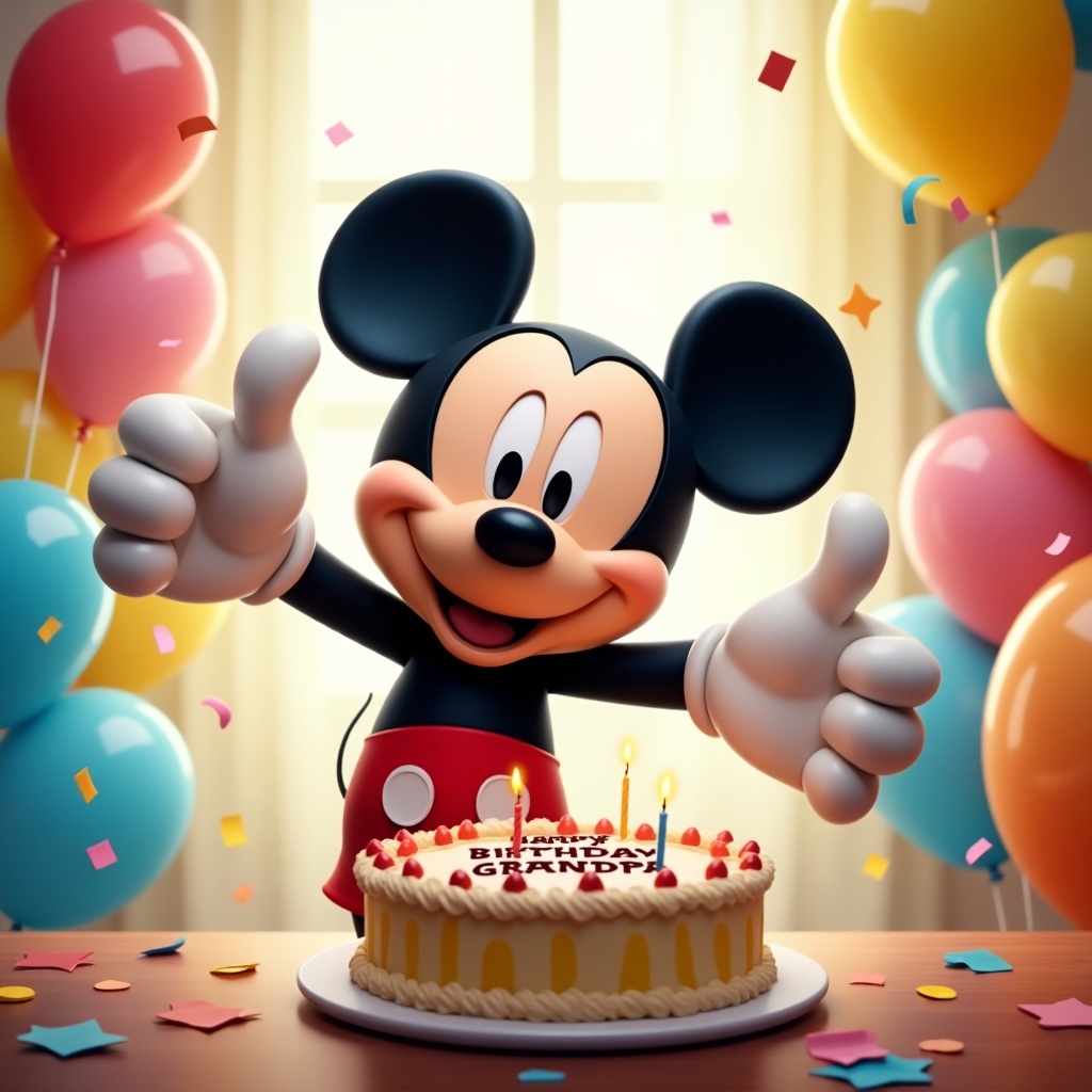 Mickey Mouse character in a bright setting with colorful balloons and confetti. Character giving thumbs up, smiling happily. Celebratory atmosphere. Birthday cake saying happy birthday grandpa.