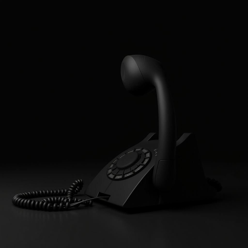 A vintage rotary telephone, cast in black, stands in elegant, minimalistic isolation against a dark background.