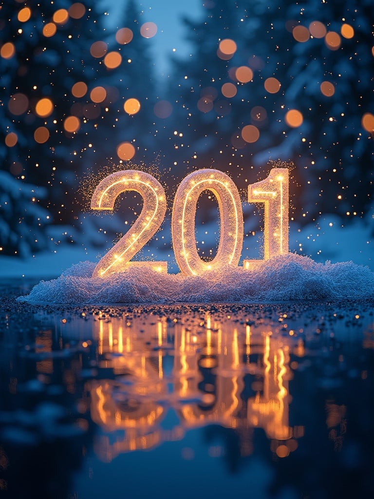 Extravagant glistening background celebrates new year. Sparkling numbers '201' stand out against a snowy backdrop. Soft bokeh lights create a festive atmosphere. Reflection in water enhances the beauty.