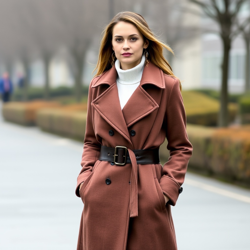 A woman in a stylish brown coat walks down an urban street.