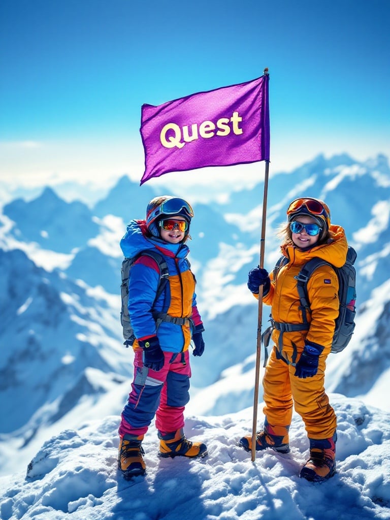 Scene atop Mount Everest featuring two young climbers in bright gear. They hold a purple flag with the word Quest. The background has snow-capped peaks and a clear blue sky. The sunlight highlights their joyful expressions.