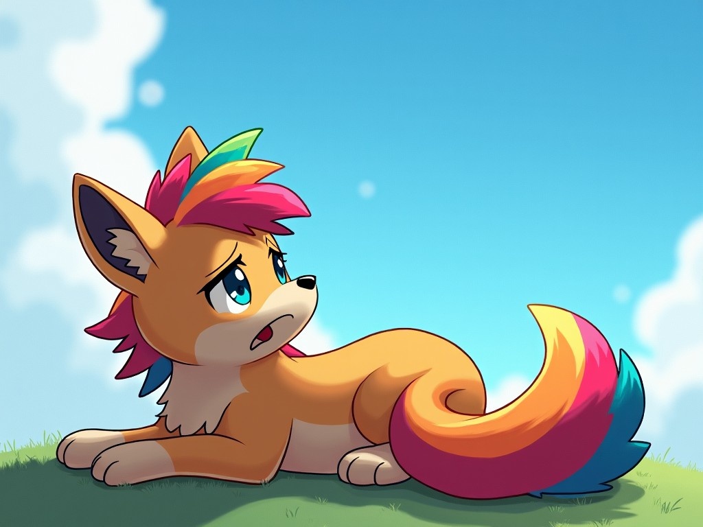 A colorful furry character lies on the grass, looking up at the bright blue sky with a worried expression. The character has a vibrant rainbow mane and a fluffy multi-colored tail. The setting is cheerful, with soft clouds in the background. The mood reflects a sense of vulnerability and uncertainty. This character is designed in a cartoonish style, appealing to furry and LGBTQ+ communities.