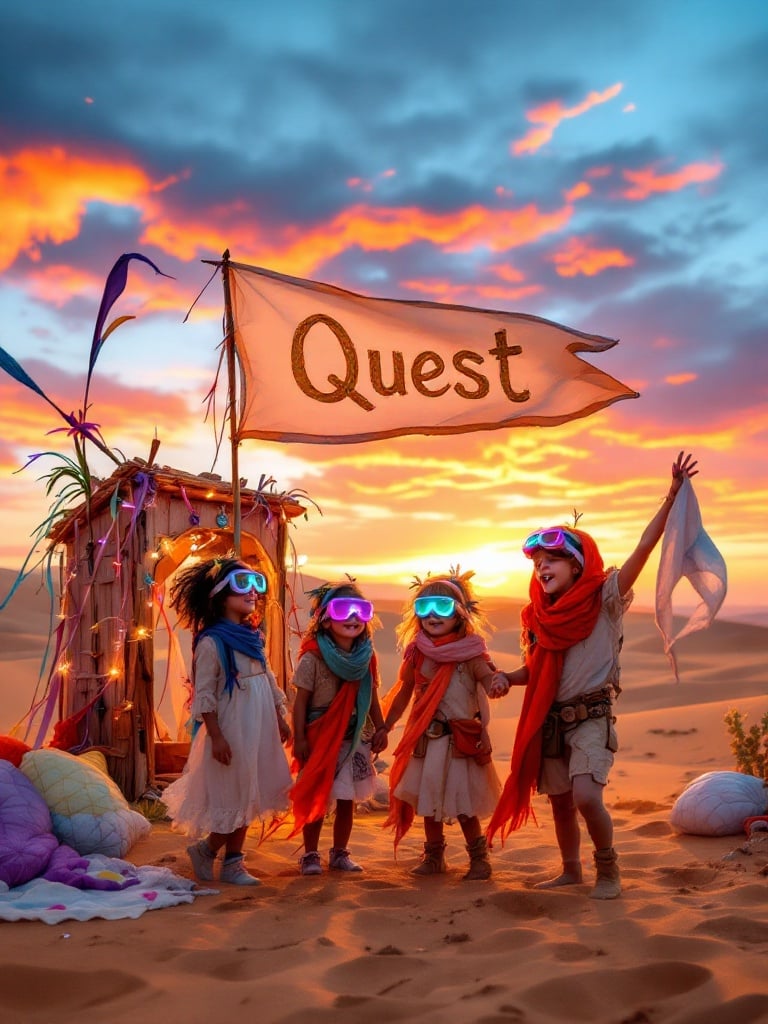 Four adventurous kids celebrate in a vibrant desert. Warm golden sands stretch into the sunset. The sky bursts with pink, orange, and purple hues. Kids wear colorful costumes, playful headbands, and light-up goggles. They hold flowing scarves, enjoying festival spirit. Art installations dot the landscape. A wooden structure has a flag saying 'Quest'. Nearby, kids dance on a makeshift floor, laughing and twirling. Flags flutter in the breeze, adding vibrant color.