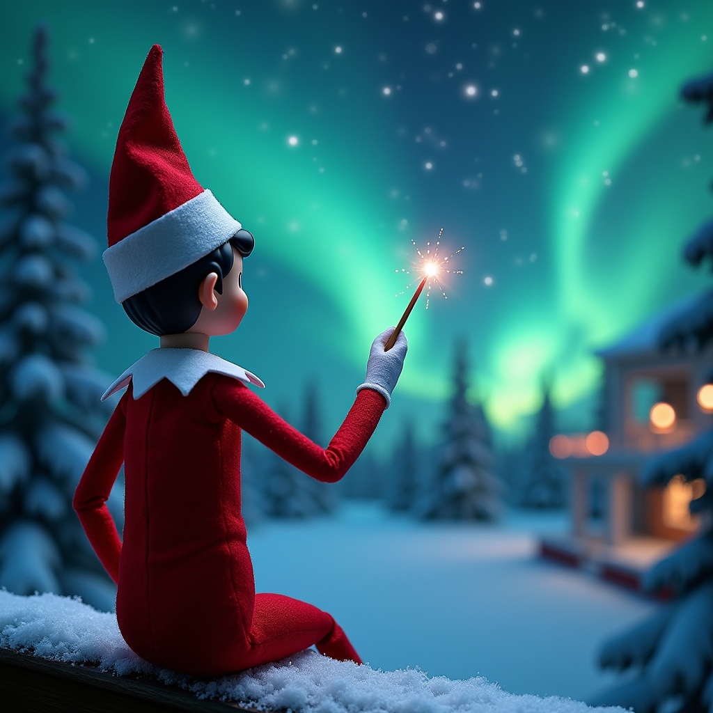 The image features an Elf on the Shelf character sitting on a snowy ledge, facing the sky. The elf is wearing a classic red outfit with a white trim and is holding a sparkly wand. Above, the sky glows with vibrant northern lights, creating a magical atmosphere. In the distance, a cozy house sparkles with holiday decorations. The overall scene evokes a sense of wonder and festive cheer.