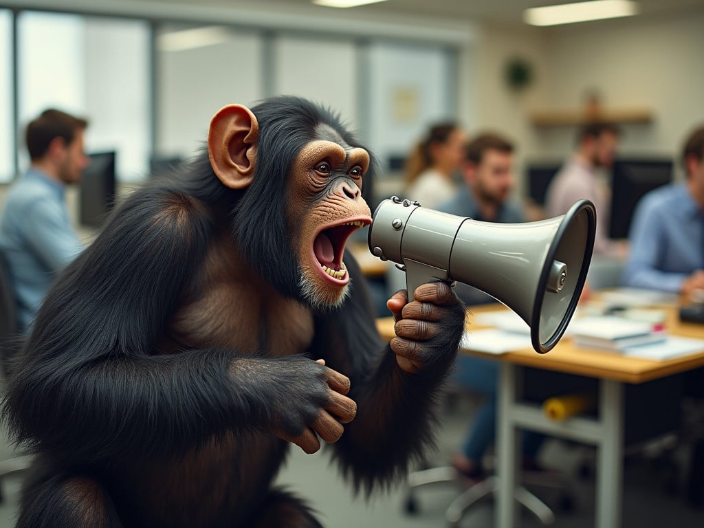 A lively chimpanzee shouts into a modern megaphone. The chimpanzee's fur features detailed textures in brown and black. A bustling office setting is blurred in the background, showcasing employees at desks. The scene conveys energy and humor, contrasting the mundane office atmosphere.