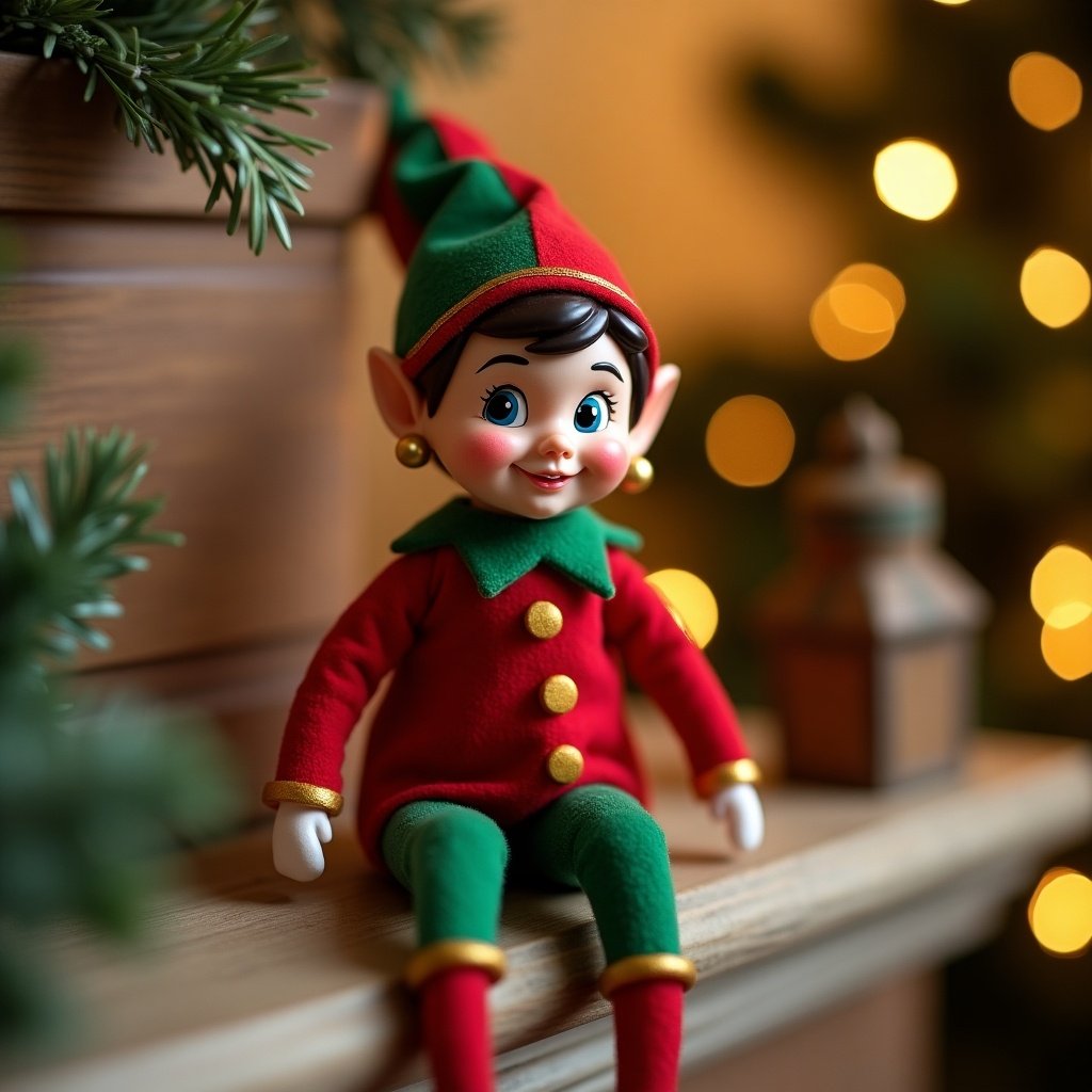 Elf figurine placed on a wooden ledge surrounded by Christmas decorations. Warm background lights create a festive atmosphere.