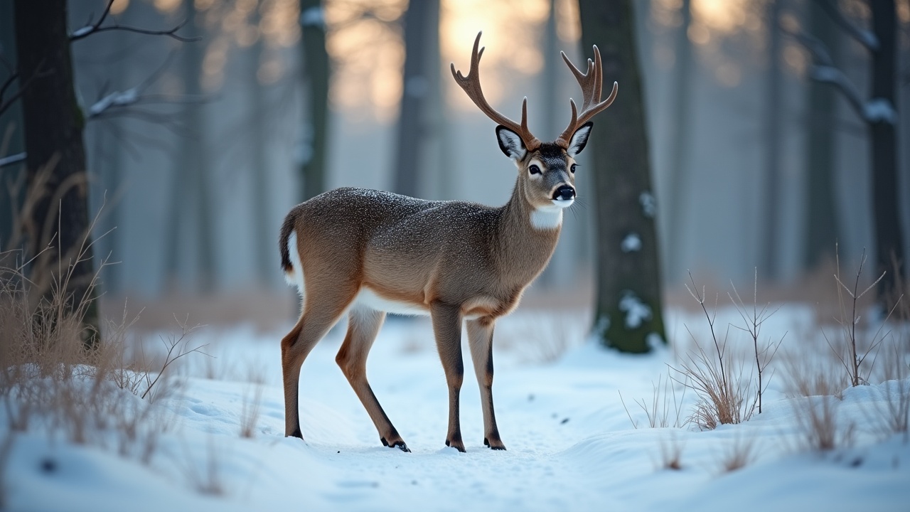 The image features a sika deer standing in a snowy forest. The deer appears alert, looking around as it searches for food. Snowflakes gently fall around it, creating a serene atmosphere. Soft light filters through the trees, highlighting the deer and the snow. The background is rich in detail, showcasing tall trees and a snowy path. The photo has a cinematic lens effect, enhancing its natural beauty.