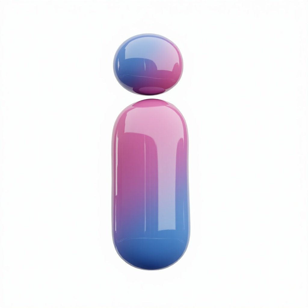 Glossy letter in 3D, rounded shape in vibrant pink and blue. Bold white background enhances visual appeal.