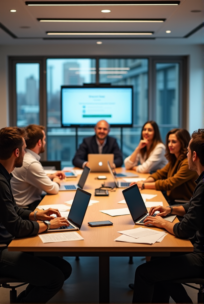 A group of professionals engaged in a meeting around a conference table in a modern office.