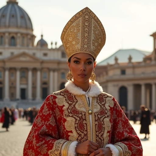 Color woman dressed in papal attire walking through Saint Peter's Square in the Vatican.