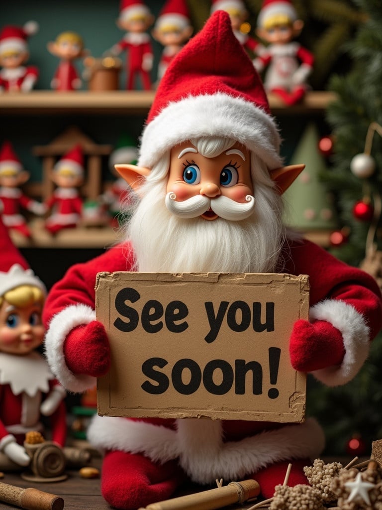 Elf in red outfit holds cardboard sign. Sign displays message. Santa Claus figurines and workshop background create festive atmosphere.