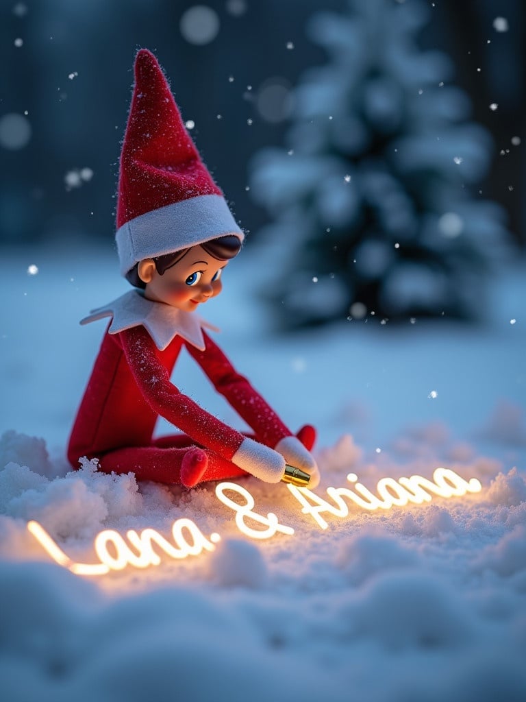 A magical winter setting with an elf writing names in the snow. The elf is in a red outfit with white details. A golden pen is used to write glowing cursive letters. Snowflakes are falling, and the scene is softly lit.