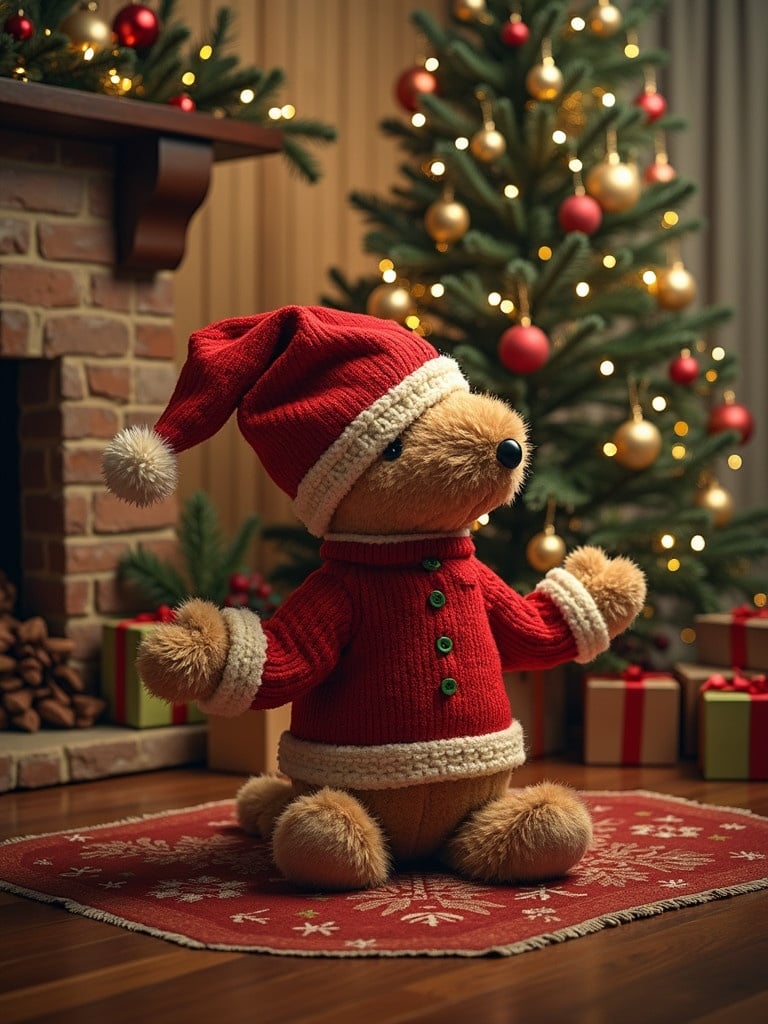 Plush teddy bear in red Christmas sweater and hat sits on a rug. Christmas tree with lights and ornaments in background. Presents are placed thoughtfully around the scene. Warm lighting emanates from tree decorations.