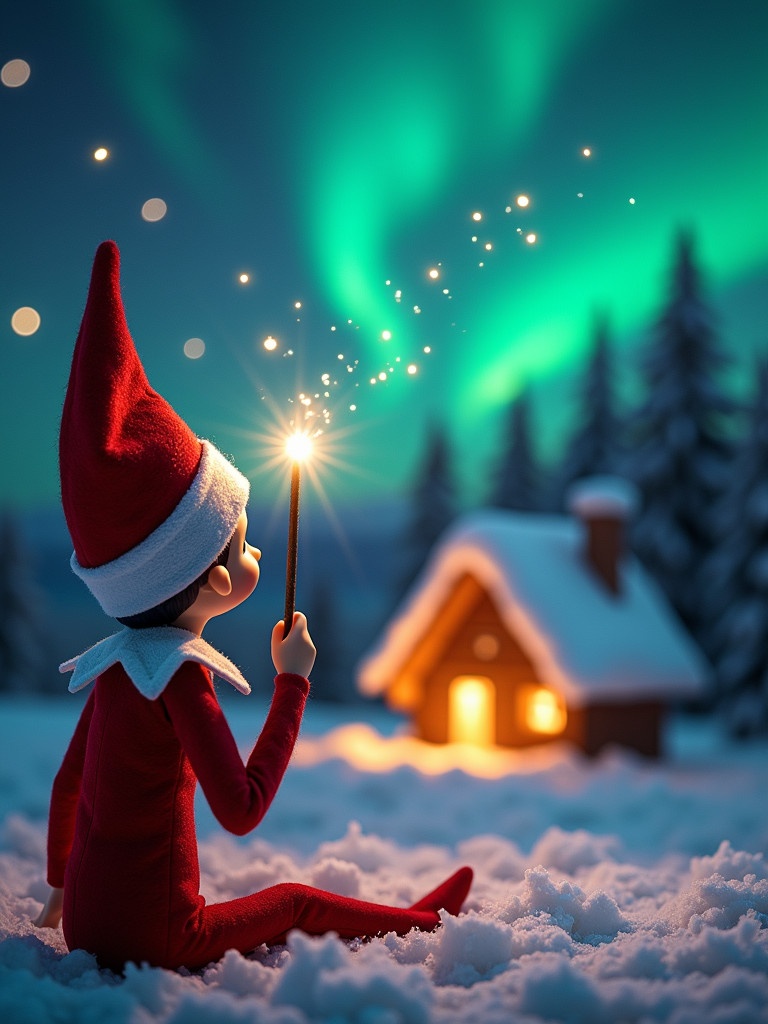 Elf on the shelf sits back to viewer. Elf gazes skyward holding glowing wand. Colorful northern lights in background. Cozy house in distance. Snow on ground. Name ‘Merry Christmas Milan, Rodrigo, Angellee and Delilah’ in air from wand.