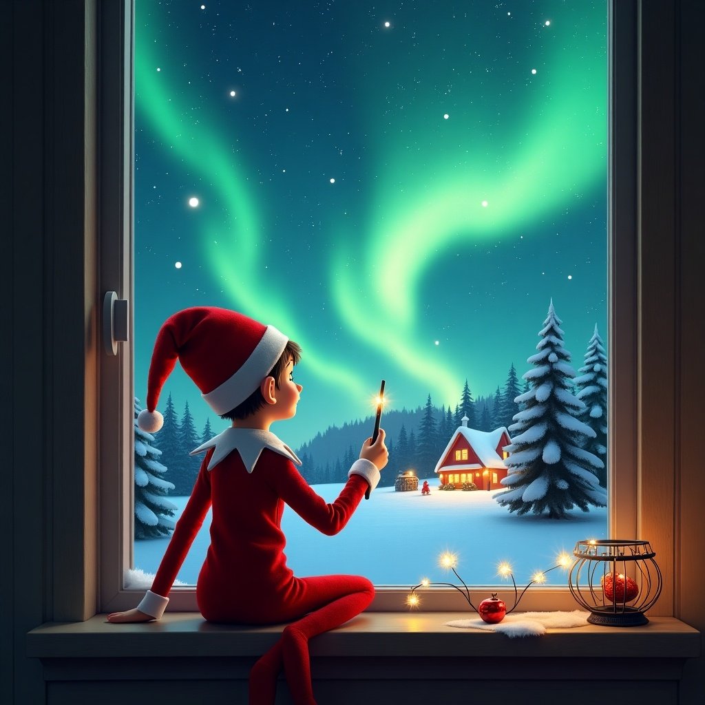 Whimsical elf on the shelf by a window. Dressed in red costume. Writing in night sky with a wand. Beautiful aurora borealis outside. Distant Santa village adds festive feel. Sparkles embody Christmas spirit.