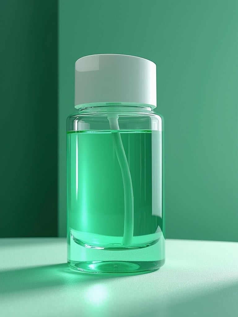 An image displays a transparent water bottle. The bottle contains a green liquid. The background is a solid green color. The cap of the bottle is white. The setting has soft lighting and subtle shadows. The bottle is slightly angled for perspective.