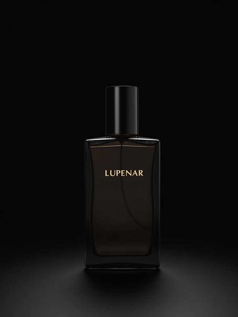 Sleek perfume bottle named Lupenar sits against a dark background. Minimalist design with black lid and gold lettering. Soft lighting enhances contours of the bottle. Shadows emphasize shape and luxury appeal. Composition ideal for advertising cosmetic products.